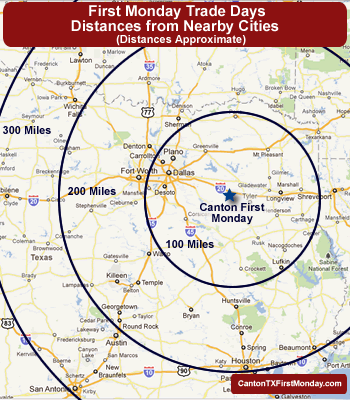 Map and chart of Driving Times to Canton and First Monday Trade Days from Dallas, Houston, Austin and Shreveport.