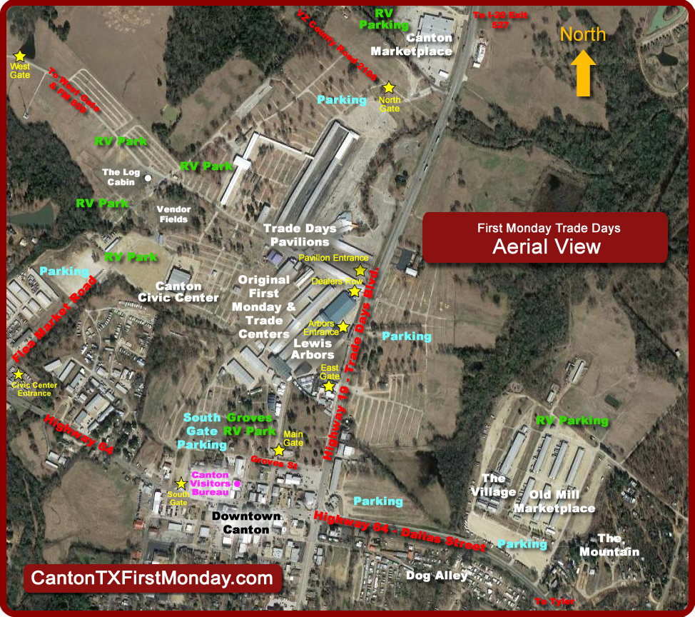 Canton First Monday Trade Days aerial view and map of major streets, flea market gates and shopping pavilions. Canton is located just off I-20 between Dallas and Shreveport.